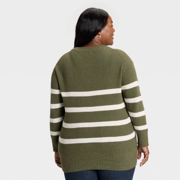 NWT Ava & Viv Green and Oatmeal Striped V-Neck Pullover Sweater- Size 1X - Picture 2 of 10